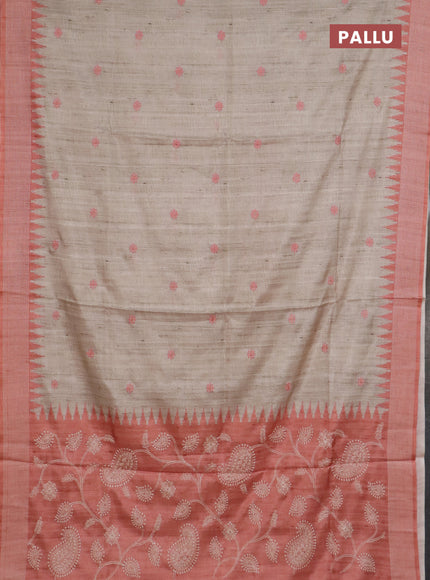 Art tussar saree beige and orange with embroidery buttas and temple design thread woven border
