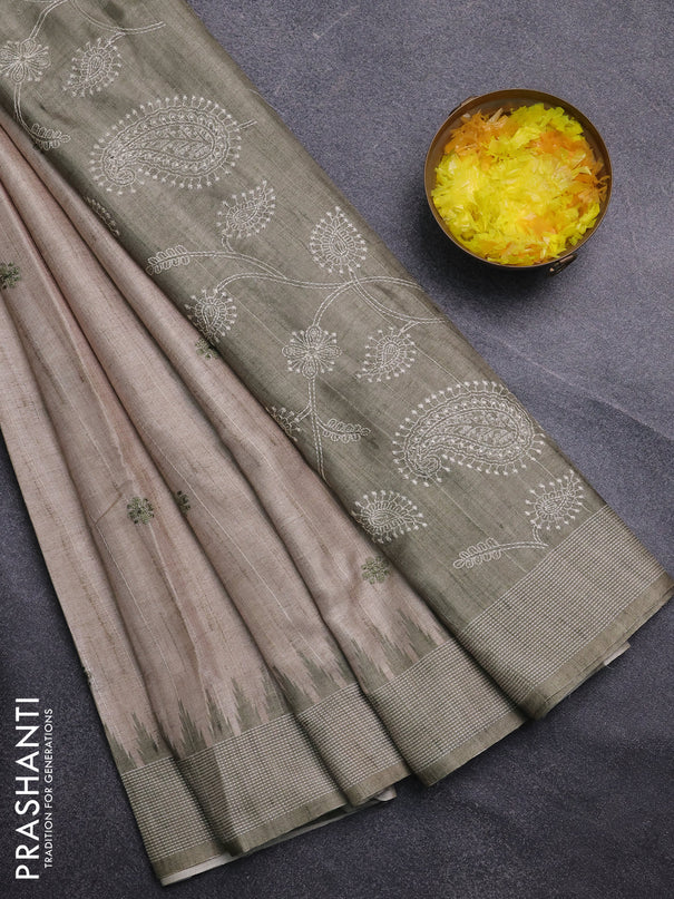 Art tussar saree beige and peach pink with embroidery buttas and temple design thread woven border