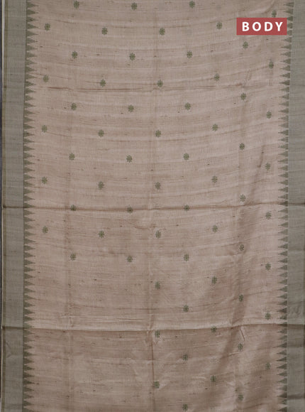 Art tussar saree beige and peach pink with embroidery buttas and temple design thread woven border
