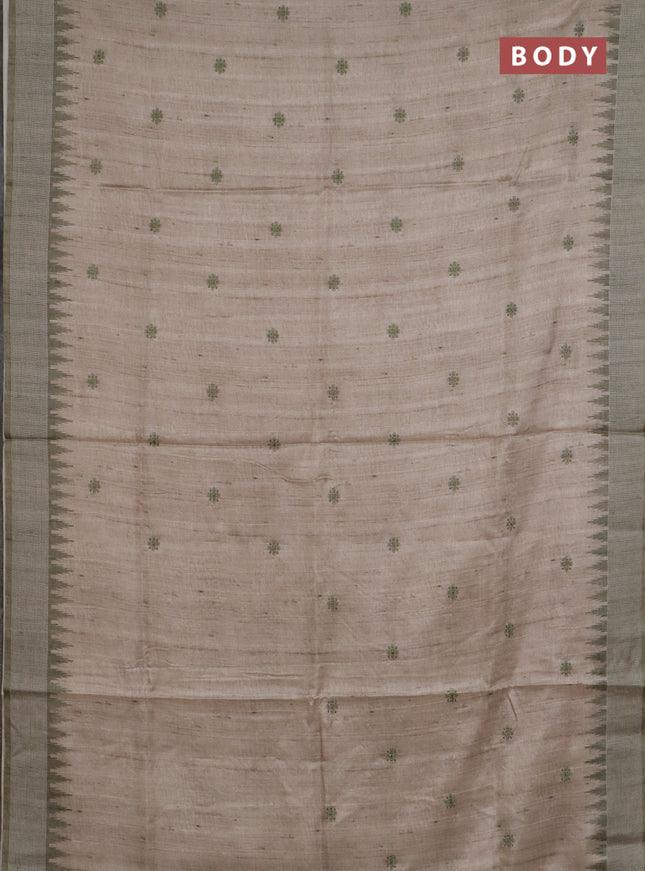 Art tussar saree beige and peach pink with embroidery buttas and temple design thread woven border