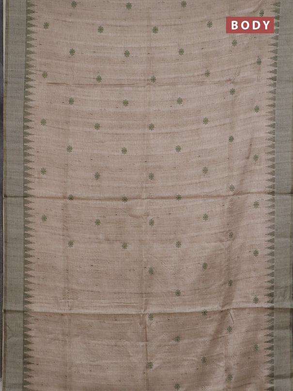 Art tussar saree beige and peach pink with embroidery buttas and temple design thread woven border