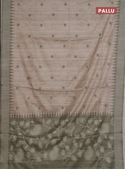 Art tussar saree beige and peach pink with embroidery buttas and temple design thread woven border