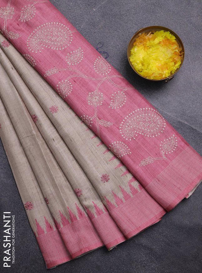 Art tussar saree beige and peach pink with embroidery buttas and temple design thread woven border