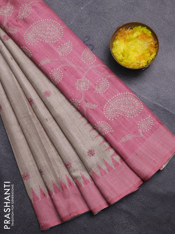Art tussar saree beige and peach pink with embroidery buttas and temple design thread woven border