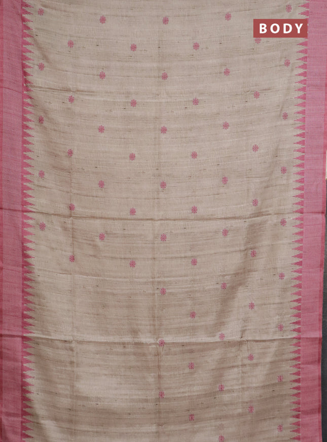 Art tussar saree beige and peach pink with embroidery buttas and temple design thread woven border