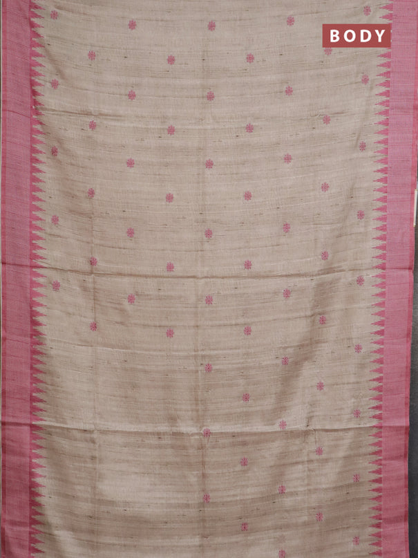 Art tussar saree beige and peach pink with embroidery buttas and temple design thread woven border