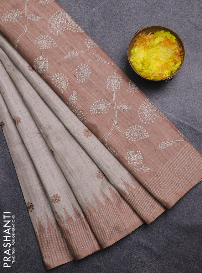 Art tussar saree beige and sandal with embroidery buttas and temple design thread woven border
