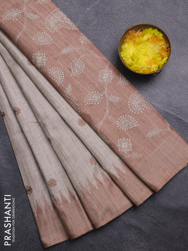 Art tussar saree beige and sandal with embroidery buttas and temple design thread woven border