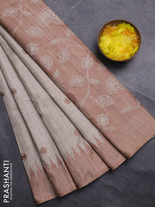 Art tussar saree beige and sandal with embroidery buttas and temple design thread woven border