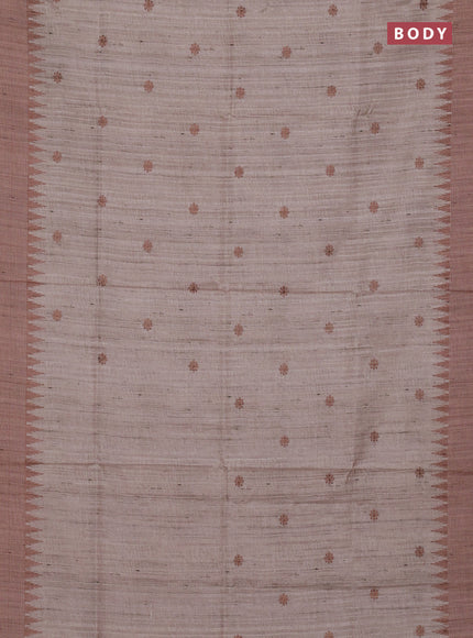 Art tussar saree beige and sandal with embroidery buttas and temple design thread woven border