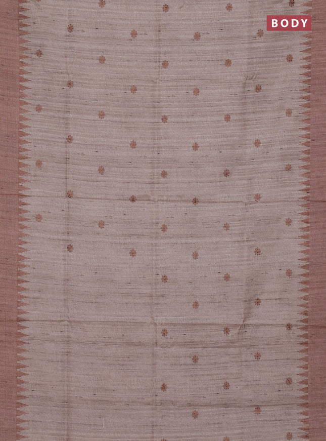 Art tussar saree beige and sandal with embroidery buttas and temple design thread woven border