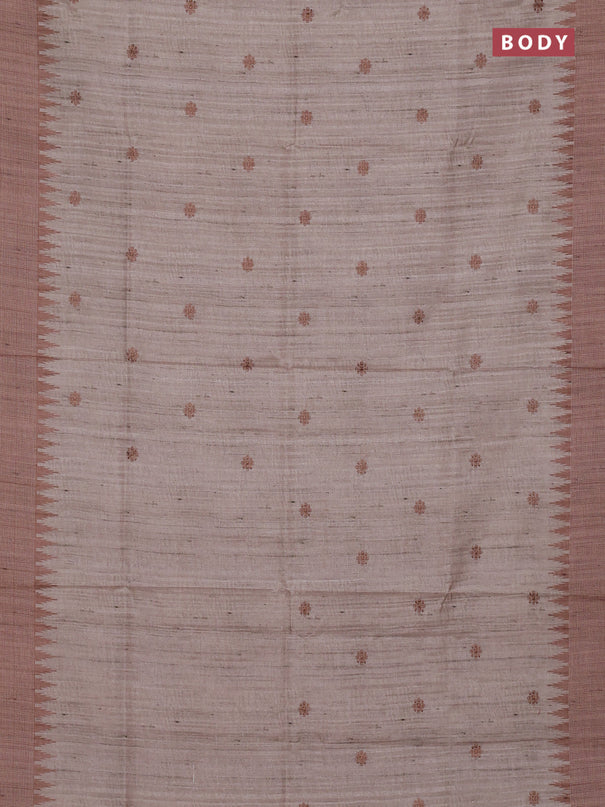 Art tussar saree beige and sandal with embroidery buttas and temple design thread woven border