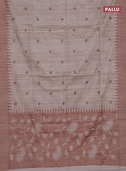 Art tussar saree beige and sandal with embroidery buttas and temple design thread woven border