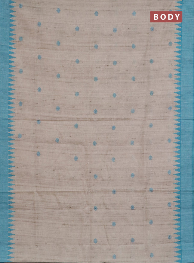 Art tussar saree beige and teal blue with embroidery buttas and temple design thread woven border
