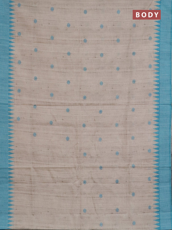 Art tussar saree beige and teal blue with embroidery buttas and temple design thread woven border
