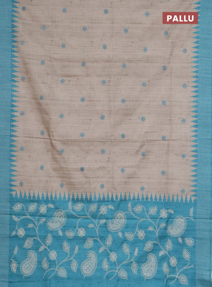 Art tussar saree beige and teal blue with embroidery buttas and temple design thread woven border