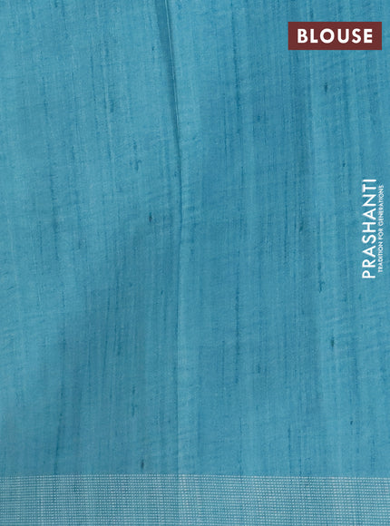 Art tussar saree beige and teal blue with embroidery buttas and temple design thread woven border