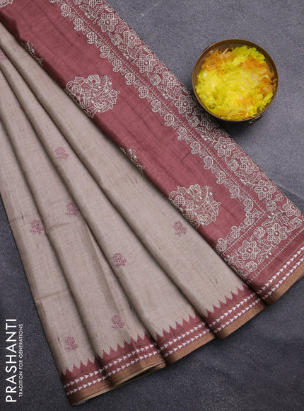 Art tussar saree beige and pastel maroon with embroidery buttas and temple design thread woven border