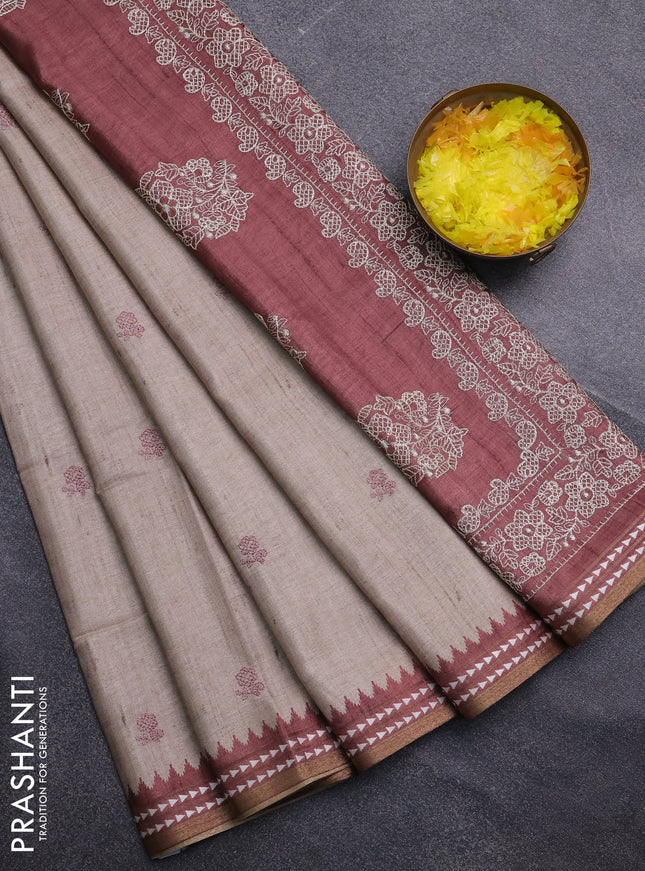 Art tussar saree beige and pastel maroon with embroidery buttas and temple design thread woven border