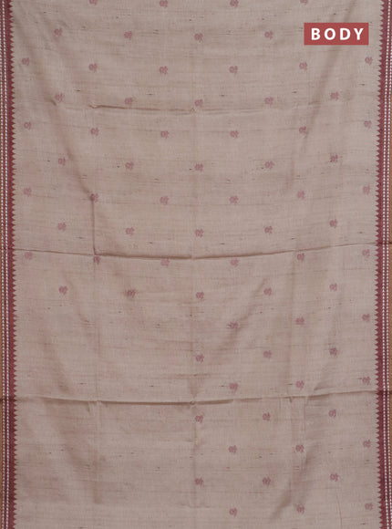 Art tussar saree beige and pastel maroon with embroidery buttas and temple design thread woven border