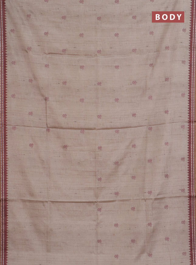 Art tussar saree beige and pastel maroon with embroidery buttas and temple design thread woven border