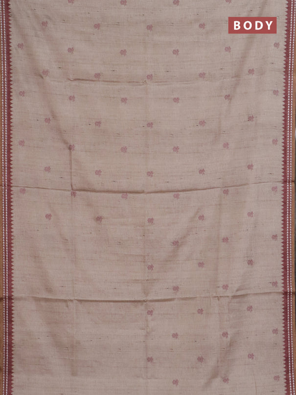 Art tussar saree beige and pastel maroon with embroidery buttas and temple design thread woven border