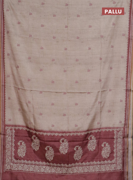 Art tussar saree beige and pastel maroon with embroidery buttas and temple design thread woven border