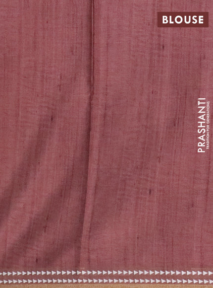 Art tussar saree beige and pastel maroon with embroidery buttas and temple design thread woven border