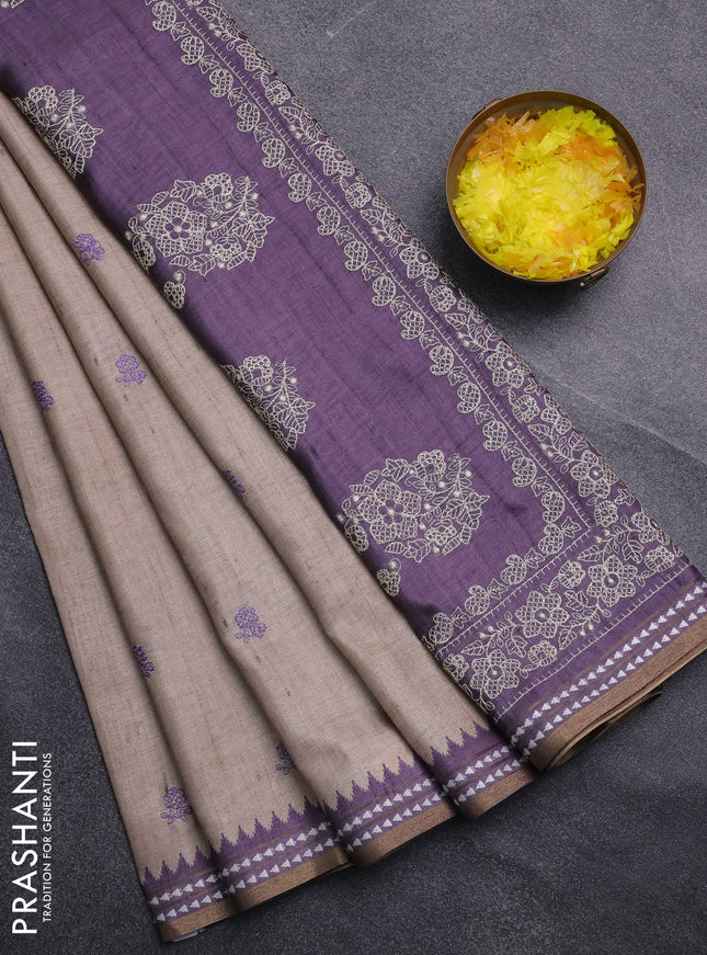 Art tussar saree beige and pastel purple with embroidery buttas and temple design thread woven border