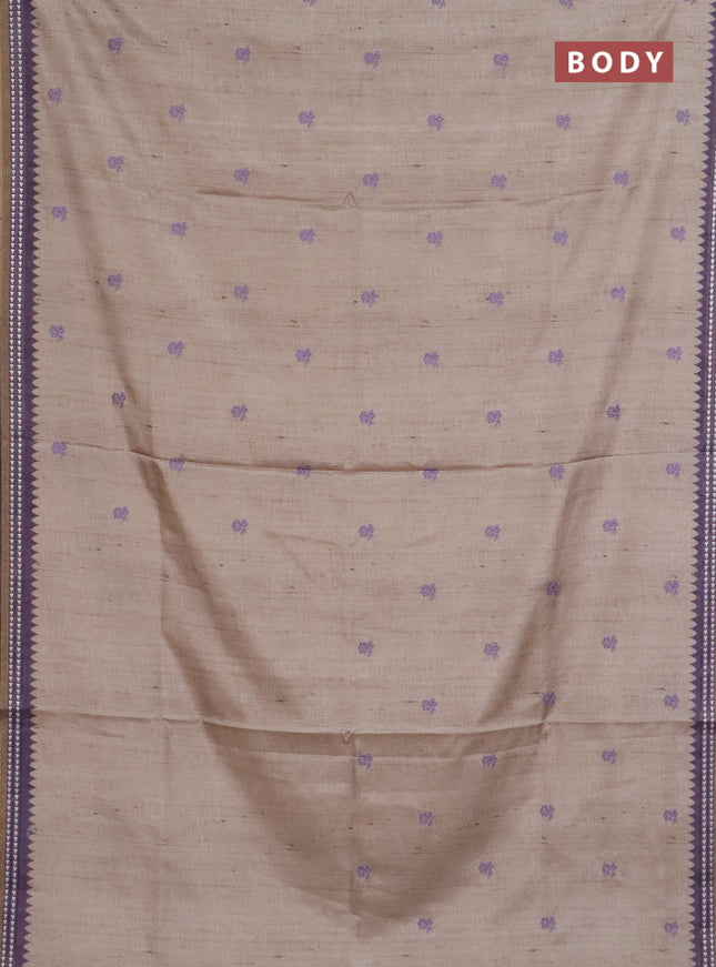 Art tussar saree beige and pastel purple with embroidery buttas and temple design thread woven border