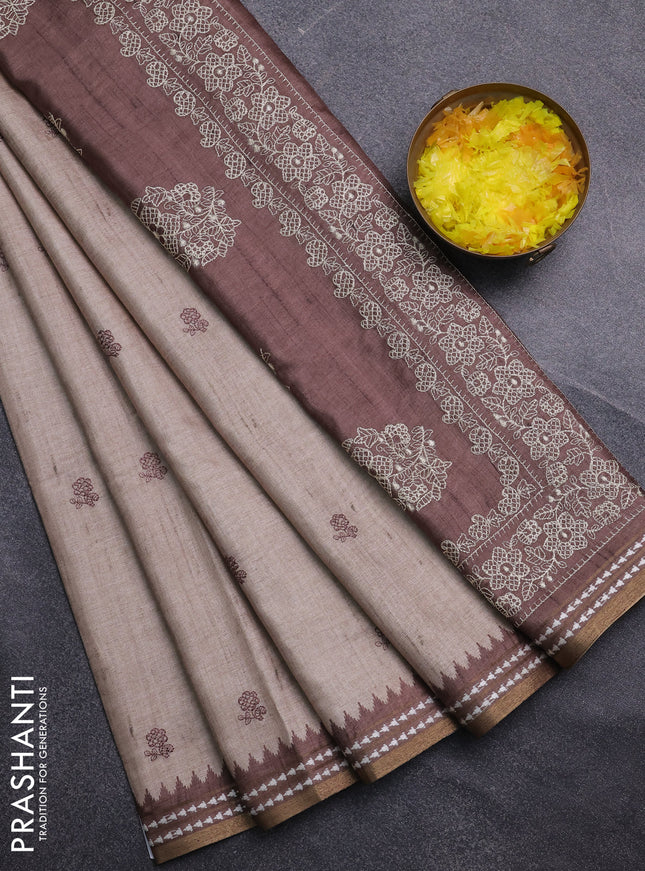 Art tussar saree beige and brown with embroidery buttas and temple design thread woven border