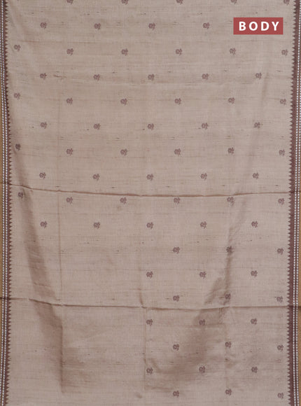 Art tussar saree beige and brown with embroidery buttas and temple design thread woven border