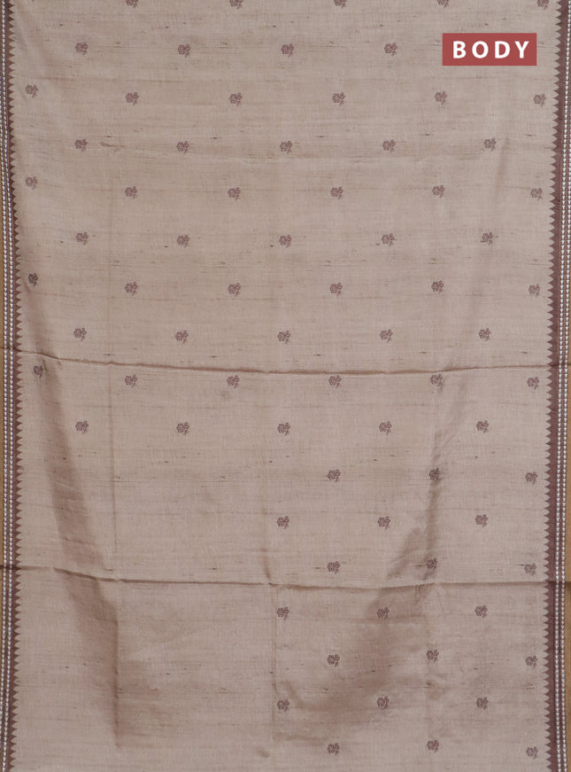Art tussar saree beige and brown with embroidery buttas and temple design thread woven border