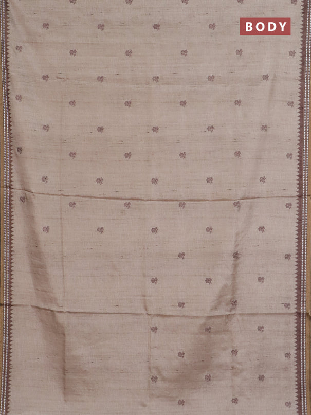 Art tussar saree beige and brown with embroidery buttas and temple design thread woven border