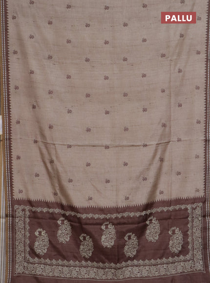 Art tussar saree beige and brown with embroidery buttas and temple design thread woven border