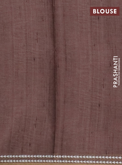 Art tussar saree beige and brown with embroidery buttas and temple design thread woven border