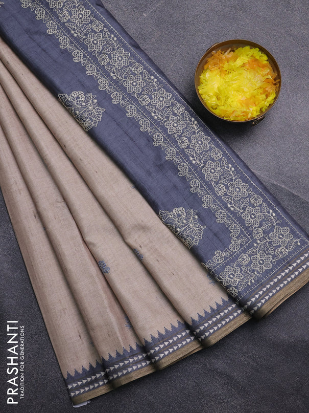 Art tussar saree beige and grey with embroidery buttas and temple design thread woven border
