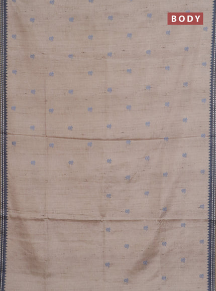Art tussar saree beige and grey with embroidery buttas and temple design thread woven border