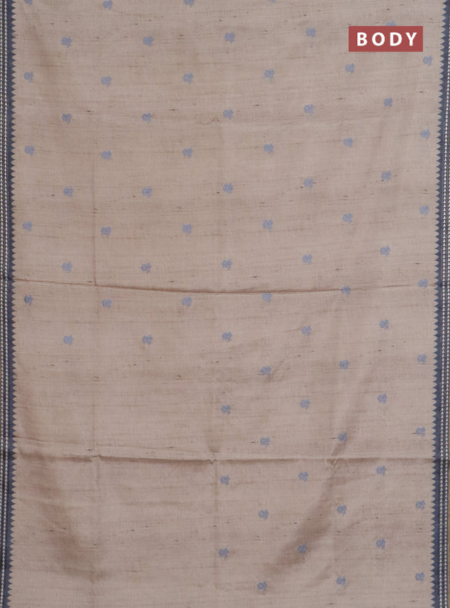 Art tussar saree beige and grey with embroidery buttas and temple design thread woven border