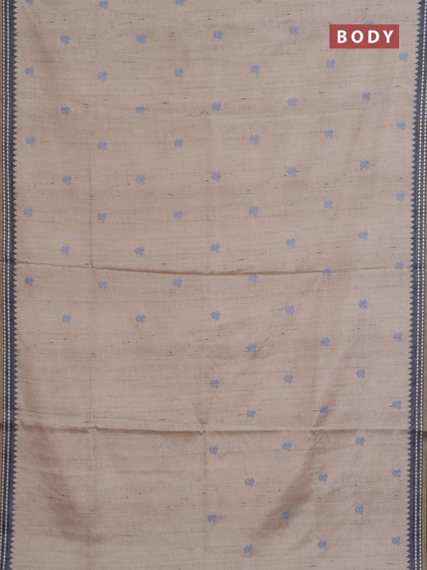 Art tussar saree beige and grey with embroidery buttas and temple design thread woven border