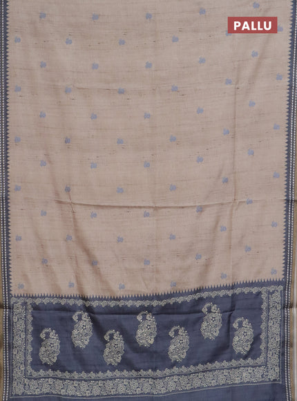 Art tussar saree beige and grey with embroidery buttas and temple design thread woven border
