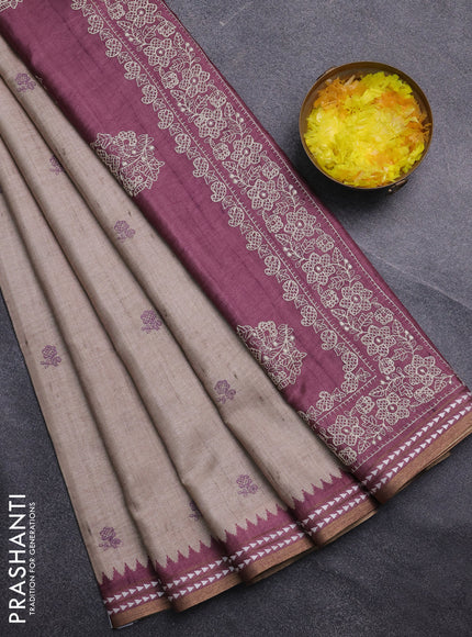 Art tussar saree beige and wine shade with embroidery buttas and temple design thread woven border