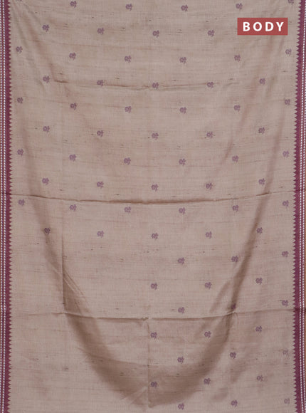 Art tussar saree beige and wine shade with embroidery buttas and temple design thread woven border