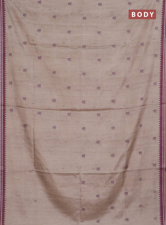Art tussar saree beige and wine shade with embroidery buttas and temple design thread woven border