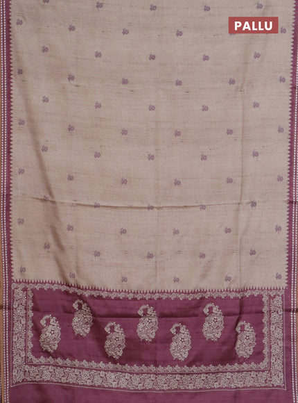Art tussar saree beige and wine shade with embroidery buttas and temple design thread woven border