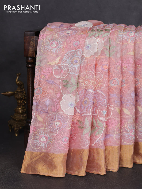 Silk kota saree peach shade with allover floral embroidery work and zari woven border