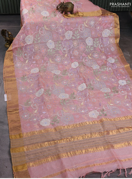 Silk kota saree peach shade with allover floral embroidery work and zari woven border
