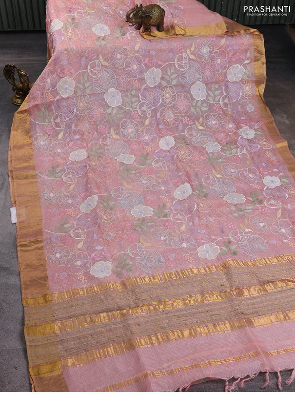 Silk kota saree peach shade with allover floral embroidery work and zari woven border