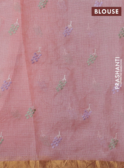 Silk kota saree peach shade with allover floral embroidery work and zari woven border