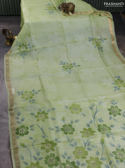Silk kota saree pista green with floral prints & pita work and zari woven border